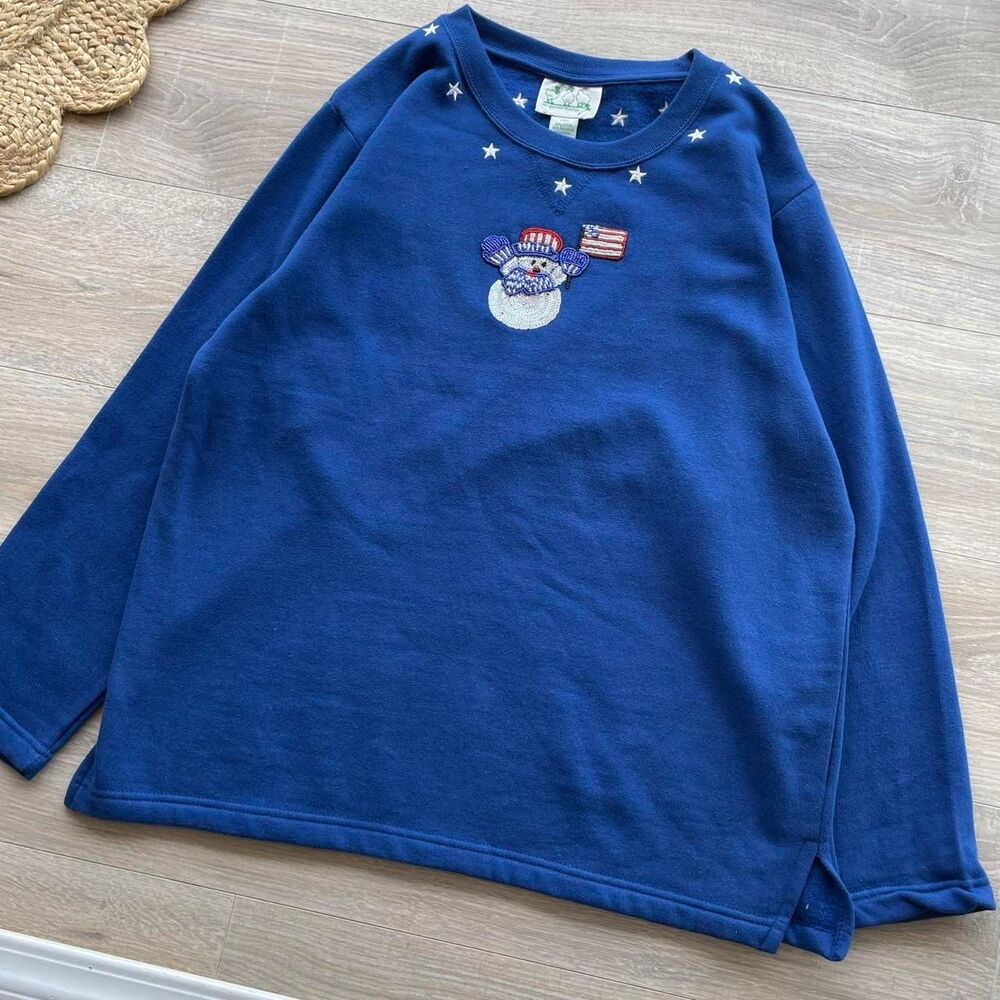 VTG Quacker Factory Womens L Patriotic Snowman Sweatshirt Sequin Bling Christmas